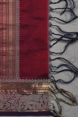 Wine plum and navy blue shot silk cotton saree with off white bird motifs and antique gold zari border