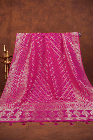Magenta pink Banarasi jacquard dupatta with diagonal gold zari leheriya, orange meenakari accents and tree-of-life pallu