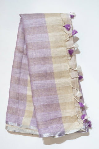 Purple and White Pure Linen Saree