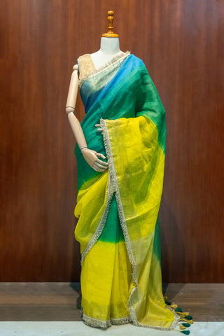 Elegant Pure Linen Ombre Saree with Gold Pearl Lace & Tassels