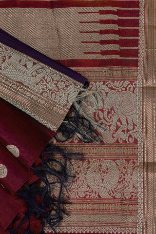 Wine plum and navy blue shot silk cotton saree with off white bird motifs and antique gold zari border
