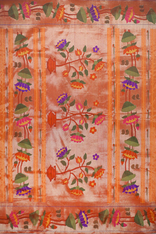 Orange Paithani silk saree with gold dot buttis and a lotus border, with red, purple and green tissue pallu