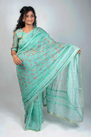 Aqua green Chanderi saree with peach floral prints