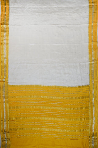 Off-white crepe silk saree with gold zari checks, mustard yellow paisley border and striped mustard pallu