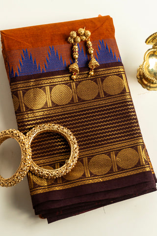 Rust Orange Chettinad Cotton Saree with Royal Blue and Golden Temple Border