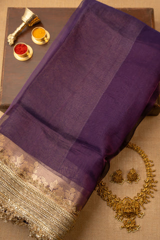 Red Banarasi Organza Tissue Saree with Golden Lace