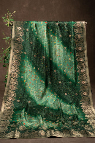 Green ombre Banarasi Dola silk dupatta with digital Bandhani and tassels