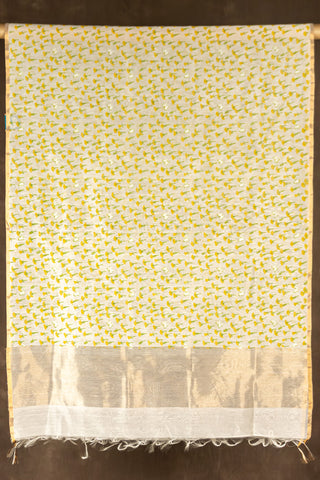 White Chanderi dupatta with yellow floral block print