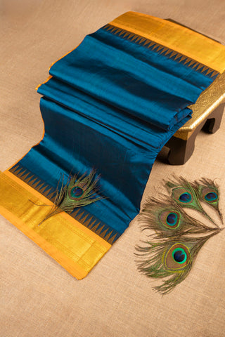 navy blue & mustard yellow cotton silk saree with gold zari temple border handcrafted saree from Madhurya
