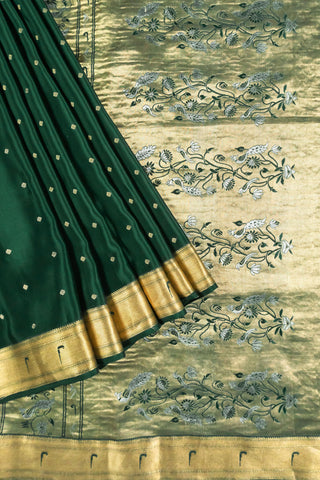 Deep Emerald Green Pure Crepe Silk Saree with Antique Gold Zari Butti, Border & Floral Pallu