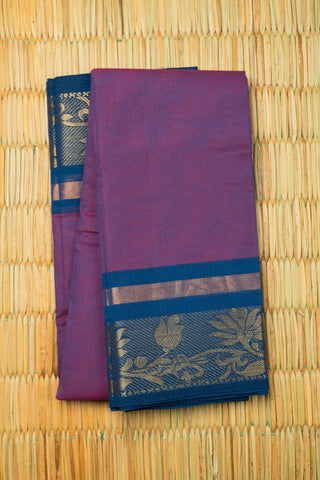 Jamuni purple Chettinad cotton saree with navy blue border and copper zari stripe detailing