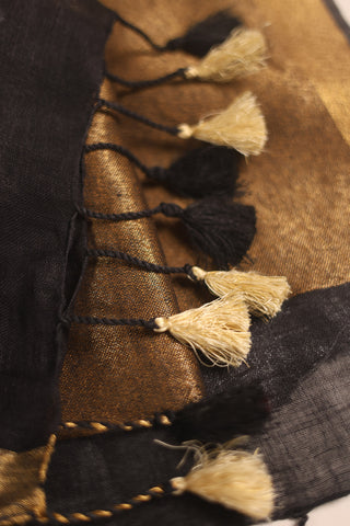 Black and Golden Striped Linen Saree with Zari Border