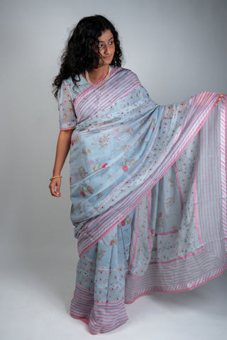 Pale blue Chanderi saree with pink striped border