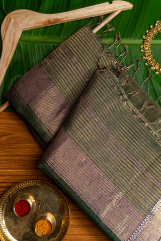 Olive Green and Purple Zari Striped Maheshwari Saree