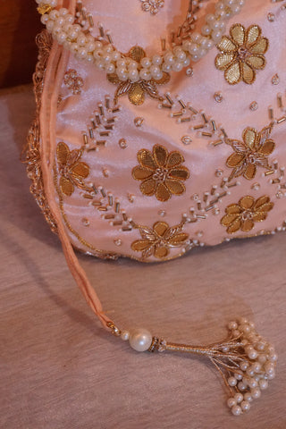 Blossom Beauty: Embroidered Potli Bag with Pearl Handle