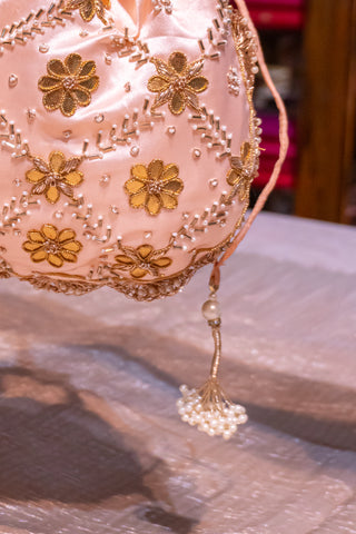 Blossom Beauty: Embroidered Potli Bag with Pearl Handle