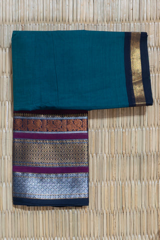 Teal Blue Chettinad Cotton Saree with Wine Border and Multi-Zari Work