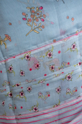 Pale blue Chanderi saree with pink striped border