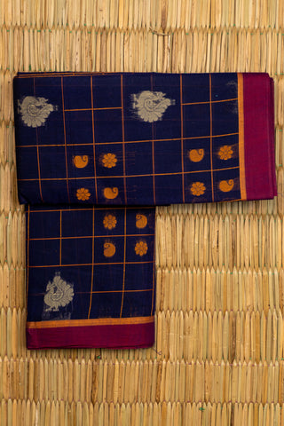 Navy Blue Chettinad Kattam Cotton Saree with Mango Yellow Checks and Peacock Motifs
