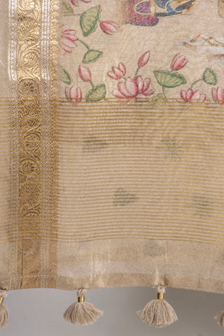 soft linen tissue saree with traditional indian art digital prints handcrafted saree from Madhurya	