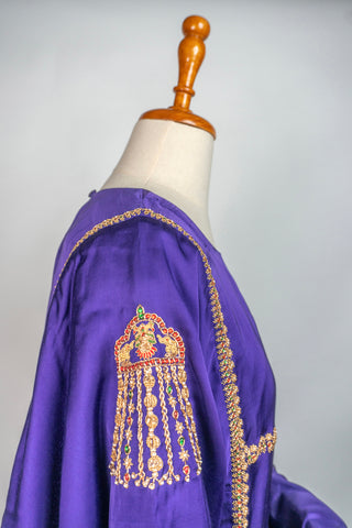 Purple Tanjore Modal Silk Kurti Pant Dupatta Set with Hand Embroidered Zardozi and Stone Work