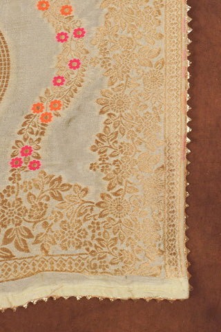 Cream Banarasi Dola silk dupatta with gold zari leheriya waves, floral meenakari dots and scalloped gold kiran lace edge