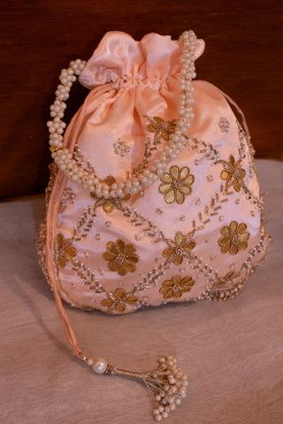 Blossom Beauty: Embroidered Potli Bag with Pearl Handle