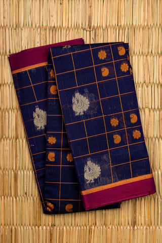 Navy Blue Chettinad Kattam Cotton Saree with Mango Yellow Checks and Peacock Motifs