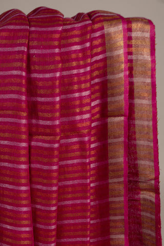 pink pure linen saree with copper zari border and geometric linear pallu handcrafted saree from Madhurya
