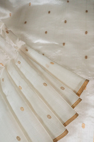 Off-white pure silk Chanderi saree with gold zari floral phool butis and tissue pallu