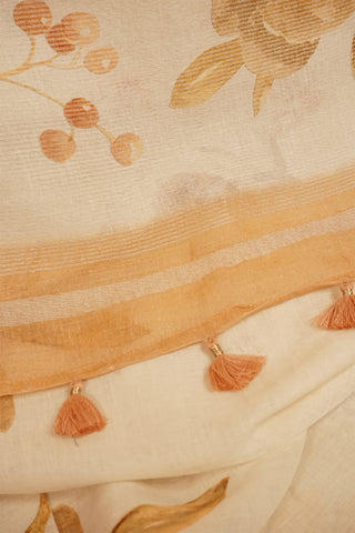 Beige Linen Saree with Golden Floral Motifs and Subtle Striped Border