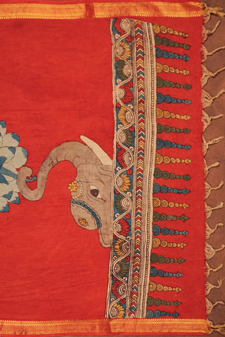 Maroon Kalamkari silk dupatta with hand-painted Lord Ganesha on a lotus, elephant motif, paisley border and tassels