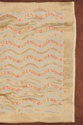 Cream Banarasi Dola silk dupatta with gold zari leheriya waves, floral meenakari dots and scalloped gold kiran lace edge