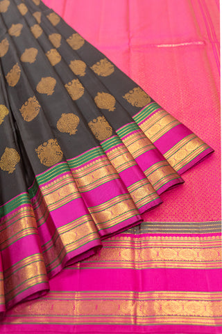 Elegant Black and Pink kanjivaram Silk Saree with Intricate Zari Motifs