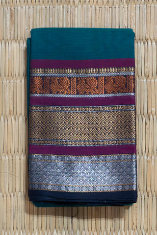 Teal Blue Chettinad Cotton Saree with Wine Border and Multi-Zari Work