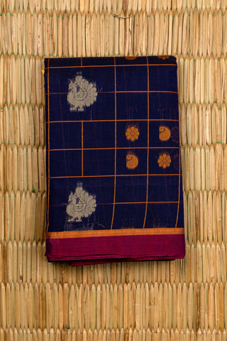 Navy Blue Chettinad Kattam Cotton Saree with Mango Yellow Checks and Peacock Motifs