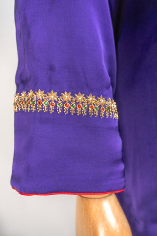 Purple Tanjore Modal Silk Kurti Pant Dupatta Set with Hand Embroidered Zardozi and Stone Work