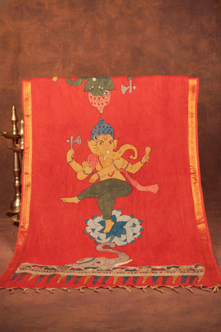Maroon Kalamkari silk dupatta with hand-painted Lord Ganesha on a lotus, elephant motif, paisley border and tassels
