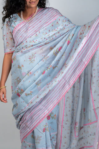 Pale blue Chanderi saree with pink striped border