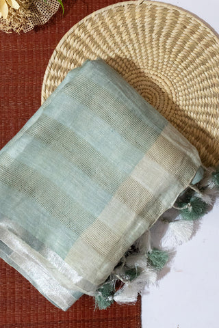 Sea Green and White Pure Linen Saree