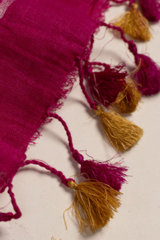 pink pure linen saree with copper zari border and geometric linear pallu handcrafted saree from Madhurya