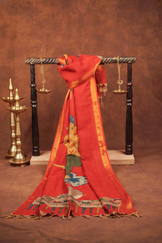 Maroon Kalamkari silk dupatta with hand-painted Lord Ganesha on a lotus, elephant motif, paisley border and tassels