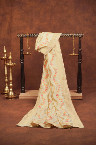 Cream Banarasi Dola silk dupatta with gold zari leheriya waves, floral meenakari dots and scalloped gold kiran lace edge