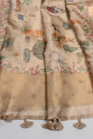 soft linen tissue saree with traditional indian art digital prints handcrafted saree from Madhurya	