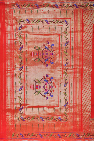 Red Paithani silk saree with gold buttis, tissue Muniya border and a pallu of parrots and peacocks on a tree