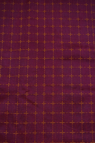 Deep magenta silk saree with mustard gold checks, antique gold elephant border and lion motif pallu