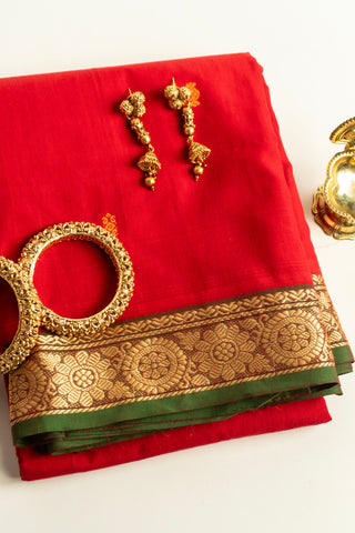 Ruby Red Chettinad Cotton Saree with Gold Zari Chakra and Floral Border