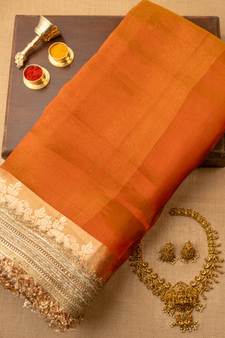 Red Banarasi Organza Tissue Saree with Golden Lace