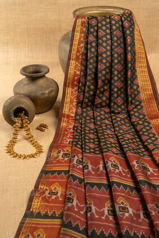 Black and Red Art Silk Patola Print Saree with elephant motifs