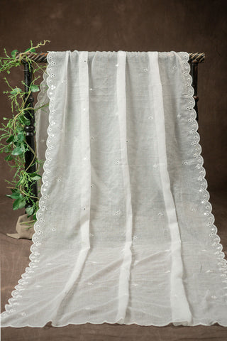 White Kota Doria dupatta with scalloped mirror work embroidery